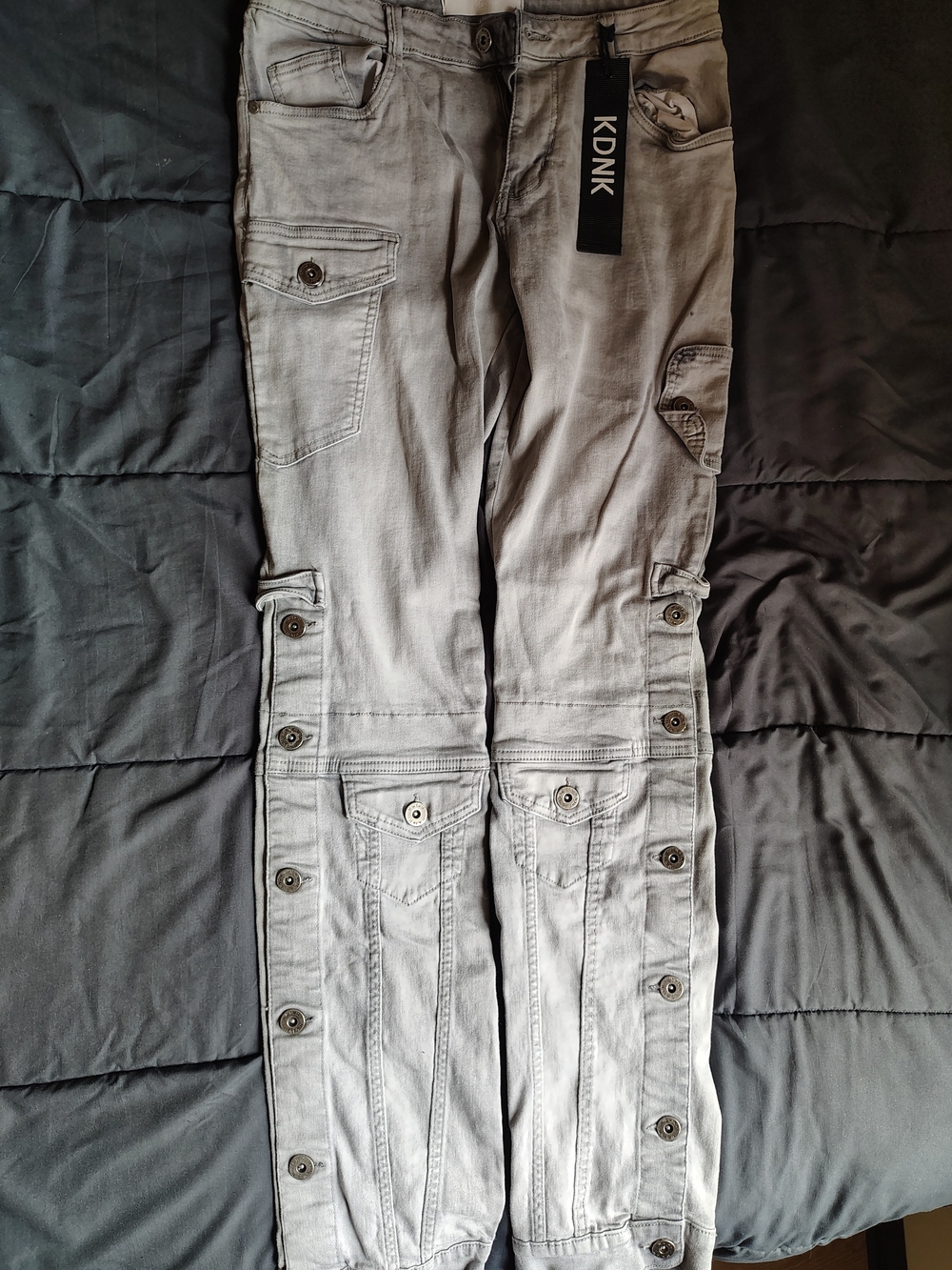 KDNK Men’s Gray Cargo Pants with Button-Trim Details